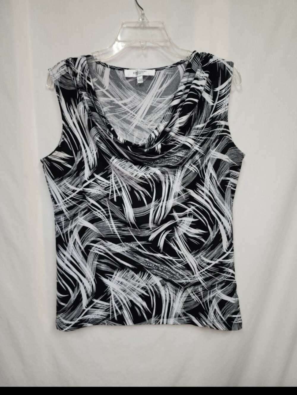 Jones studio womens size large black white print sleeveless drape neck top